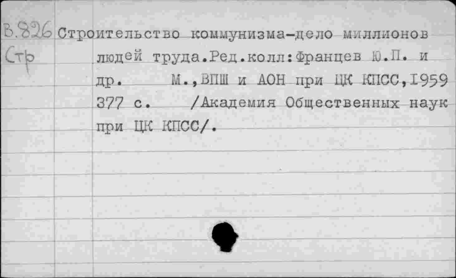 ﻿	
	Строительство коммунизма-дело миллионов .людей труда.Ред.колл:Францев Ю.П. и др.	М..ВПШ и ДОН при ЦК КПСС,1959
	377 с.	/Академия Общественных наук
	при ЦК КПСС/.
	
	
	
	
	
	
	